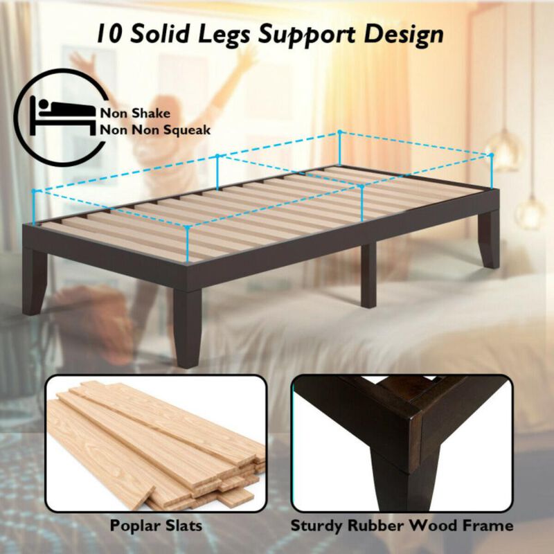 Hivvago 14 Inch Twin Size Rubber Wood Platform Bed Frame with Wood Slat Support