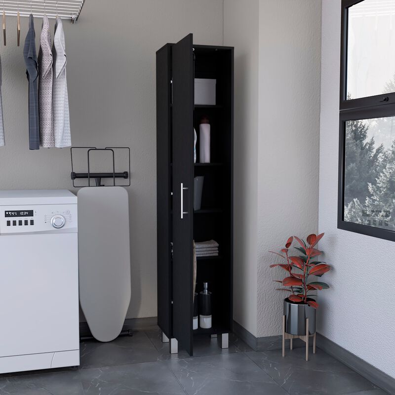 Dryden Tall Narrow Storage Cabinet with 5-Tier Shelf and Broom Hangers, Black -Garage