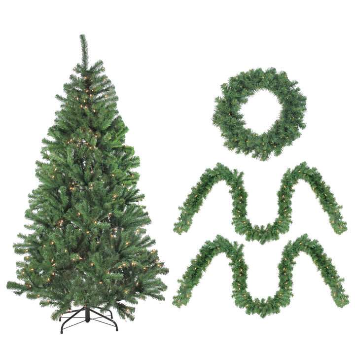 4-Piece Artificial Winter Spruce Christmas Tree  Wreath and Garland Set 6.5' - Clear Lights