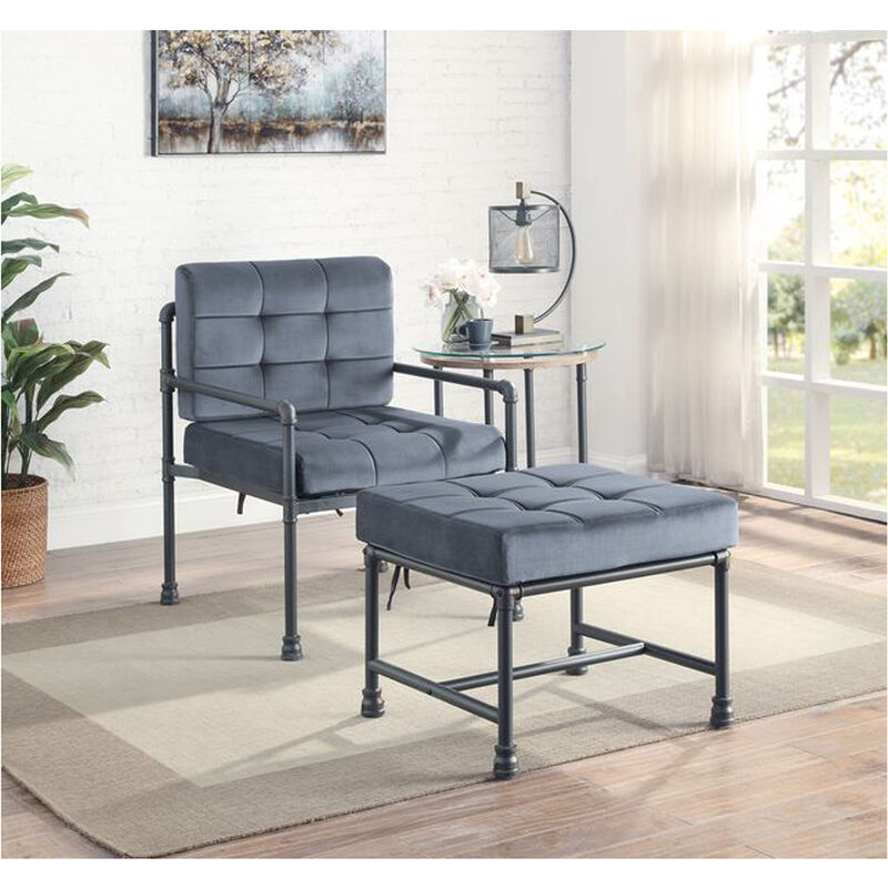 Ottoman in Tufted Gray Velvet and Sandy Gray