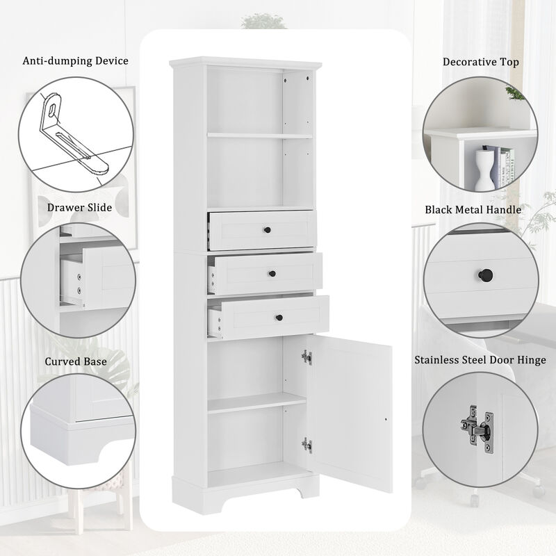 White Tall Storage Cabinet with 3 Drawers and Adjustable Shelves