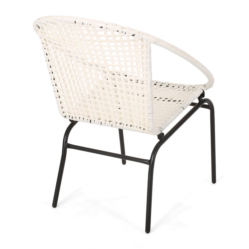 Linca Outdoor Side Chair, Set of 2, White Faux Rattan Seat, Black Iron