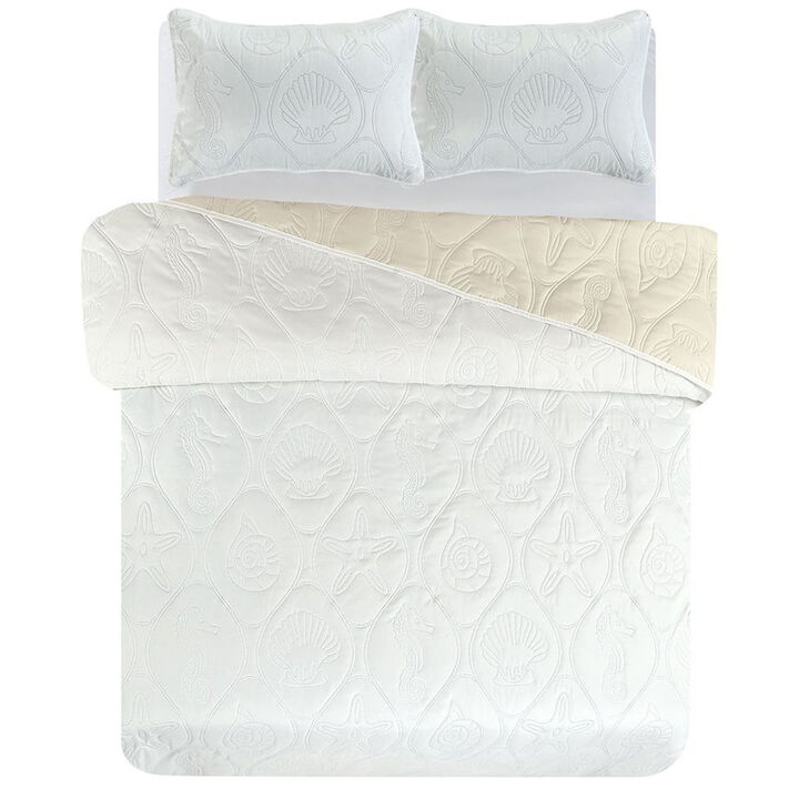 Legacy Decor 3 PCS Shell & Seahorse Stitched Pinsonic Reversible Lightweight All Season Bedspread Quilt Coverlet Oversize, Turquoise Color, Queen Size