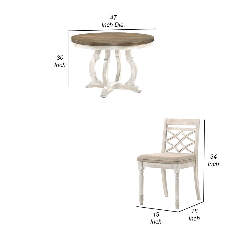 5 Piece Dining Table Set, 4 Ergonomic Chairs, Off White Upholstery, Brown - Benzara