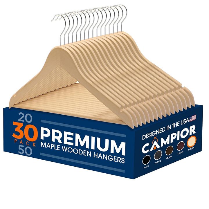Wooden Clothes Hangers - 30 Pack, Durable, Non-Slip, Space-Saving Hangers for Dresses, Coats, and More, Holds Up to 10 lbs with 360° Swivel Hook, Natural Finish