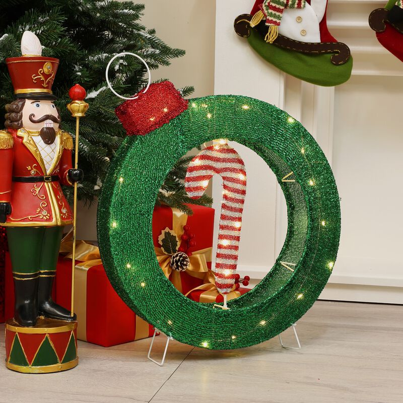 LuxenHome 1.9Ft Tall Ornament and Candy Cane Wreath Outdoor Holiday Decoration with Lights
