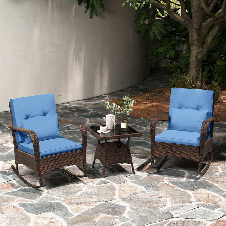 3 Piece Outdoor Rocking Set with Tempered Glass Coffee Table for Backyard Poolside