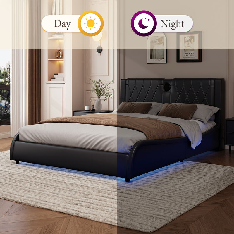 Merax Luxurious Faux Leather Platform Bed with Bluetooth Speakers