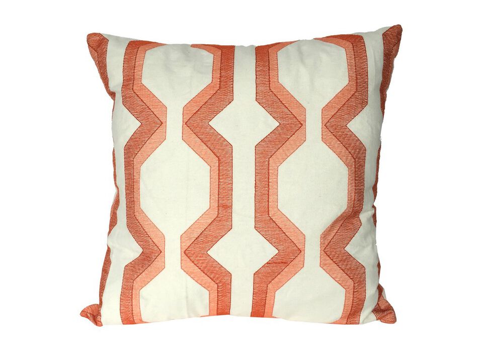 Contemporary Cotton Pillow with Geometric Embroidery, Red and White- Benzara