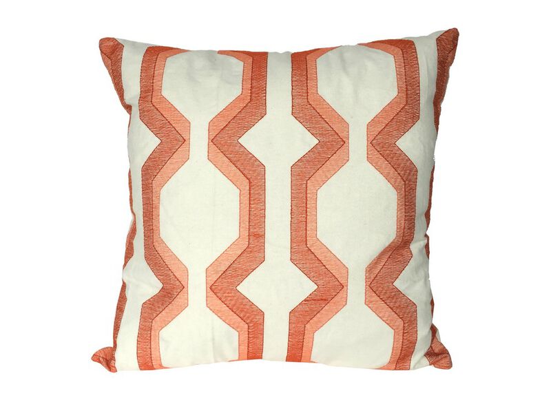 Contemporary Cotton Pillow with Geometric Embroidery, Red and White- Benzara