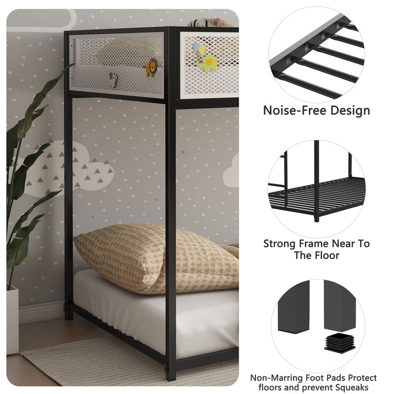 Twin Over Twin Bunk Metal Bed Frame with Mesh Guard Rail, Removable Ladder, Low Loft Bunk for Kids Bedrooms, Easy Assembly, Black