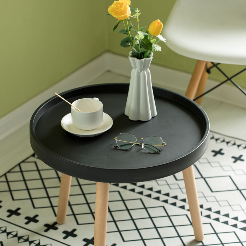 Modern Plastic Round Side Table Accent Coffee Table with Beech Wood Legs, Black