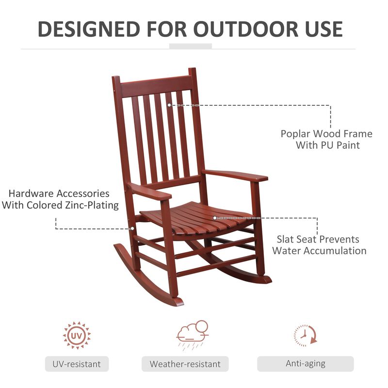 Wine Red Rustic Rocker: Wooden High Back Chair for Patio