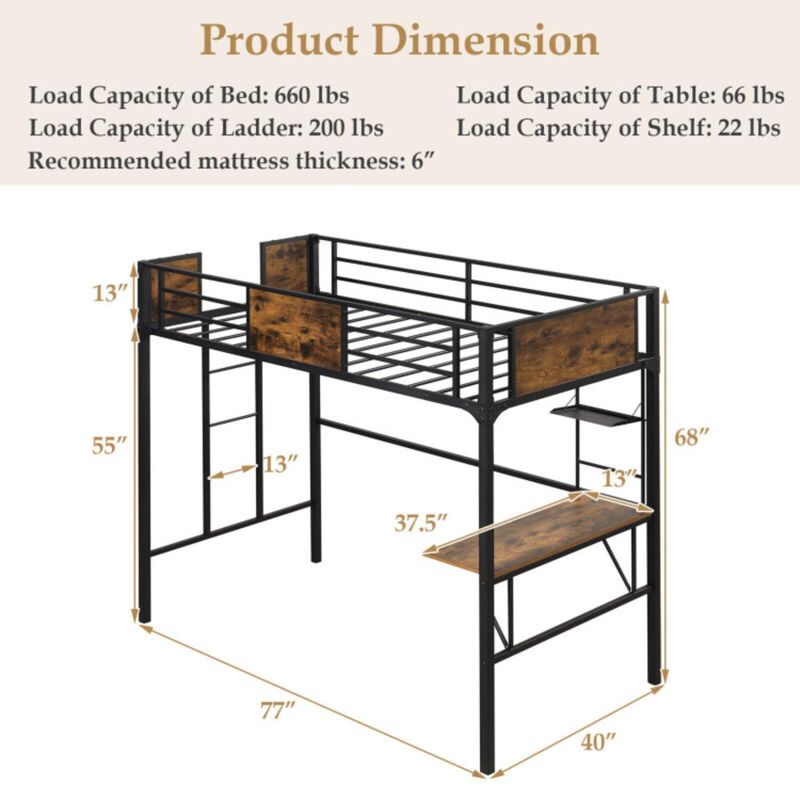 Hivvago Twin Size Industrial Metal Loft Bed with Desk Storage Shelf and Build-in Ladder