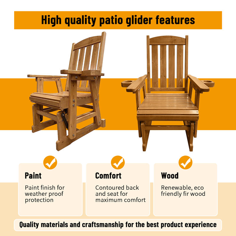Wooden Patio Glider for One Person, with High Back and Deep Contoured Seat, Solid Fir Wood, Heavy Duty 600 LBS (Teak Tone)