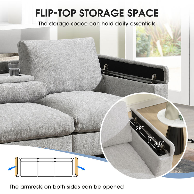 96*35''Chenille Sectional Sofa with Bluetooth Speaker,Comfy Cloud Couch Set with Drop Down Table,Cup Holders,USB Charger,Storage Armrest,Wide Seat Sofa for Living Room,Apartment,Office