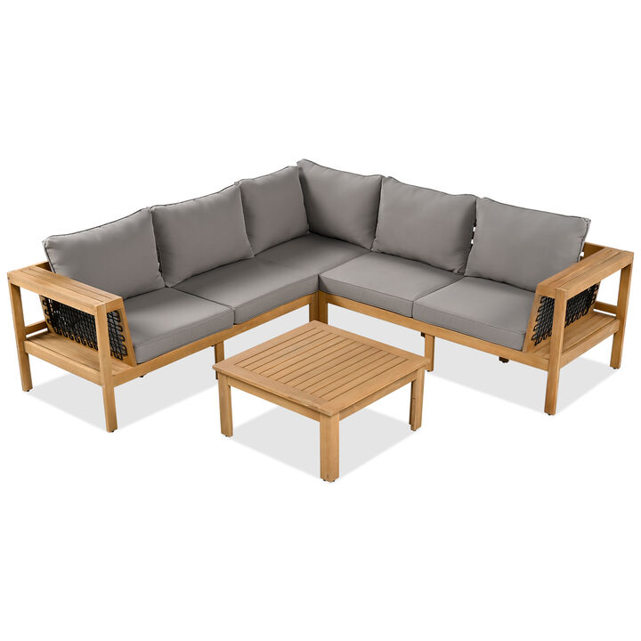 Whisen 4-Piece Acacia Wood Outdoor L-Shaped Sofa Set with Woven Mesh Armrests and Coffee Table