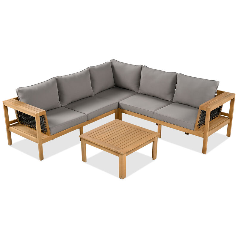 Whisen 4-Piece Acacia Wood Outdoor L-Shaped Sofa Set with Woven Mesh Armrests and Coffee Table