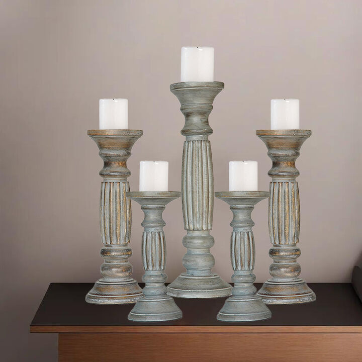 Traditional Antique Dusk Eco-friendly Handmade Mango Wood Set Of Five 9",12",15",12" & 9" Pillar Candle Holder