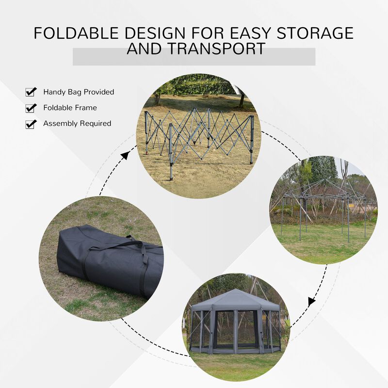 Grey Outdoor Shelter: 13'x13' Heavy Duty Hexagonal Pop Up Canopy with Mesh Walls