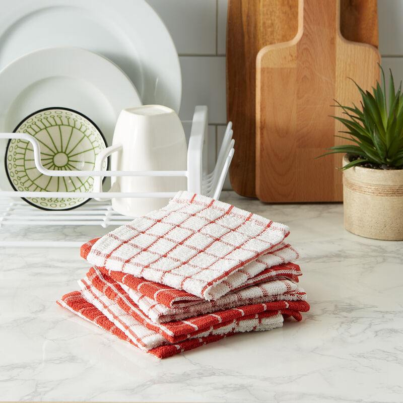 Set of 6 Terracotta and White Windowpane Patterned Dishcloths 12" x 12"