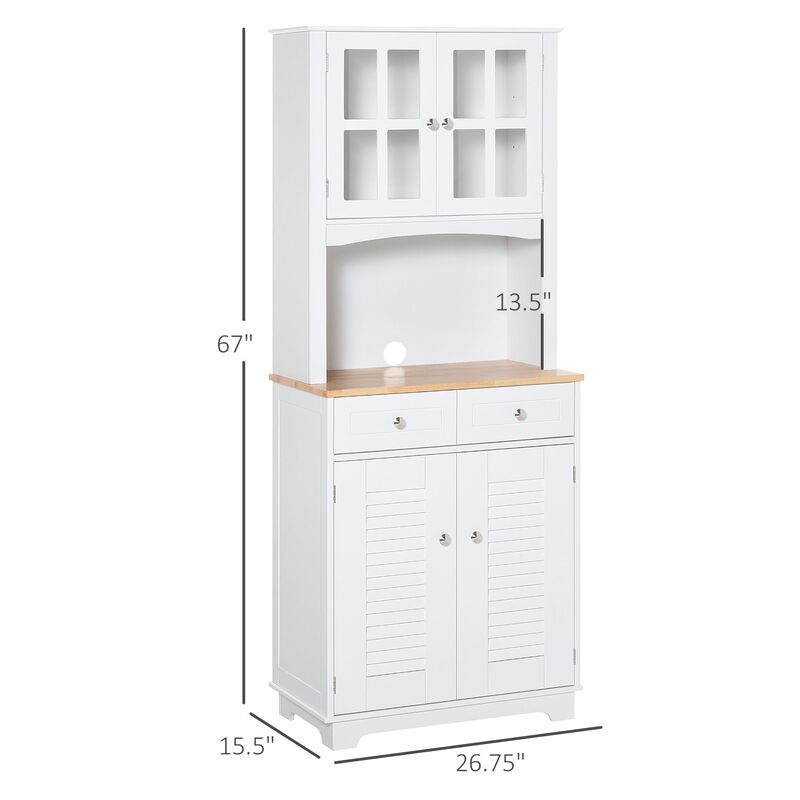 White Kitchen Organizer: 67" Hutch Cabinet with Glass Doors and Drawers