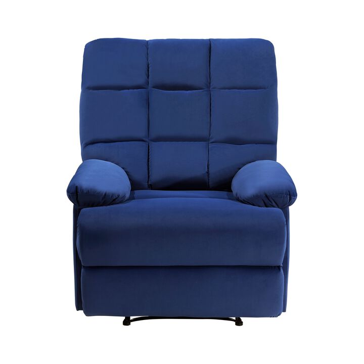 Patty 36 Inch Manual Recliner Chair, Cushioned, Blue Velvet, Solid Wood - Benzara