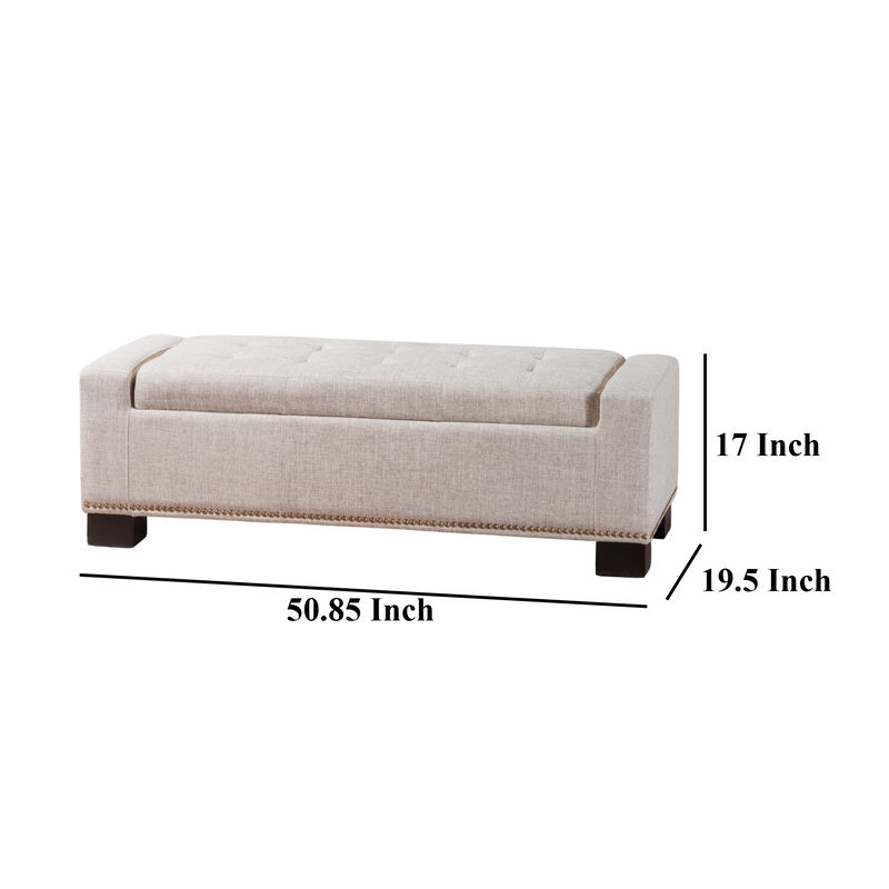 Abigail Storage Ottoman Bench, Nailhead Trim, Wheat Fabric, 51 Inch - Benzara