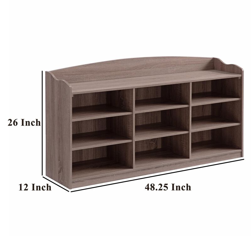Hale Shoe Bench, 48 Inch Top, 9 Open Compartments, Taupe Brown Finish - Benzara