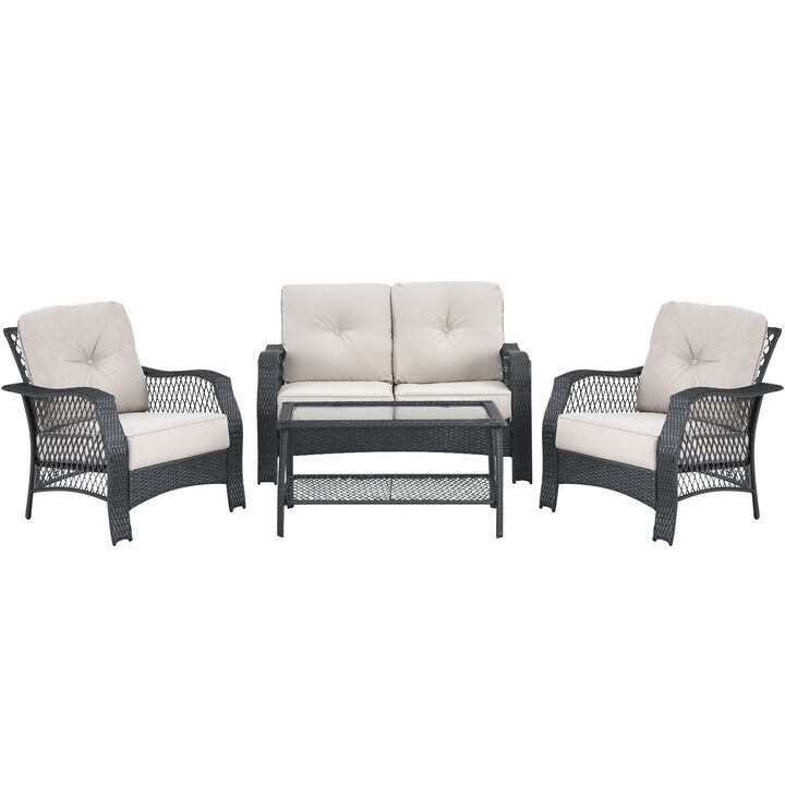 4 Pieces Patio Wicker Furniture Conversation Sets with Coffee Table and Cushions