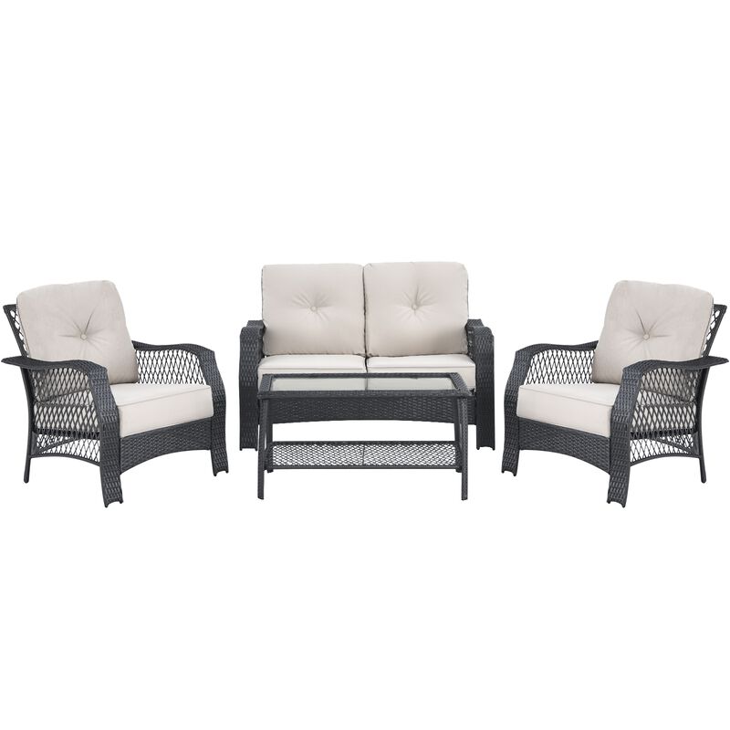 4 Pieces Patio Wicker Furniture Conversation Sets with Coffee Table and Cushions