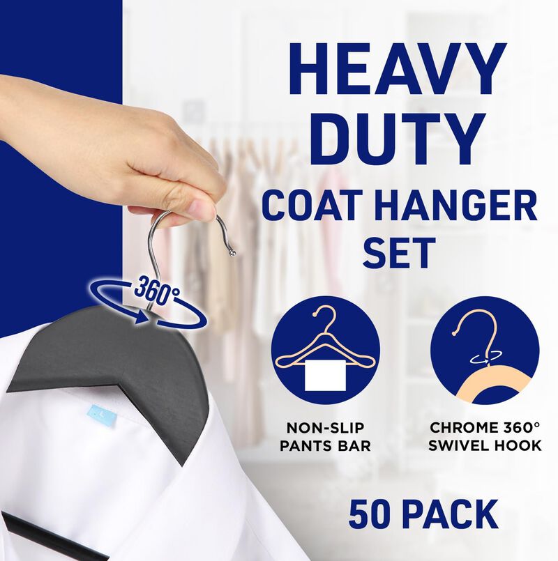 Lifemaster Wooden Clothes Hangers – With 360 Degree Swivel Hook and Non-Slip Shoulder Notch, Holds Up To 10 lbs, Pants Bar Design, For Organizing Suit, Dress, Coat, and Clothes, Pack of 50, Brown