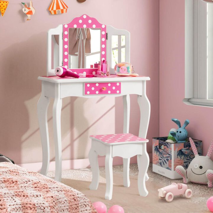 Hivvago Kids Vanity Table and Stool Set with Cute Polka Dot Print-Pink