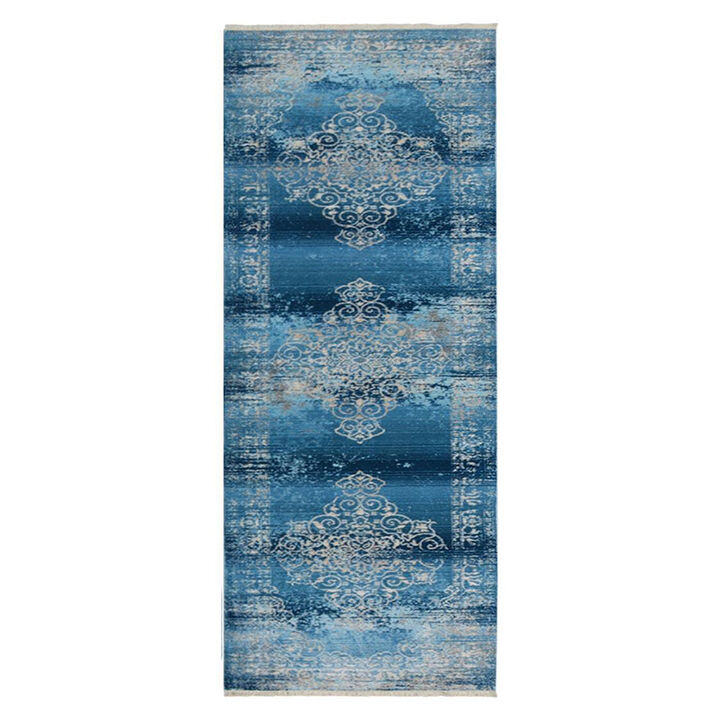 RUGSOTIC CARPETS MACHINE MADE POLYESTER AREA RUGS - 2'6''x9'10'', Runner Shape, Blue Color, Classic Oriental Traditional  Design,Low Pile Machine Made Area Rugs for Living Room, Bed Room (M00065)