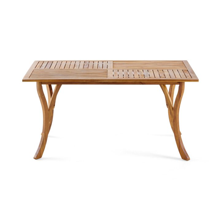 Olen Outdoor Dining Table, Slatted Rectangular 59 Inch, Brown Wood - Benzara