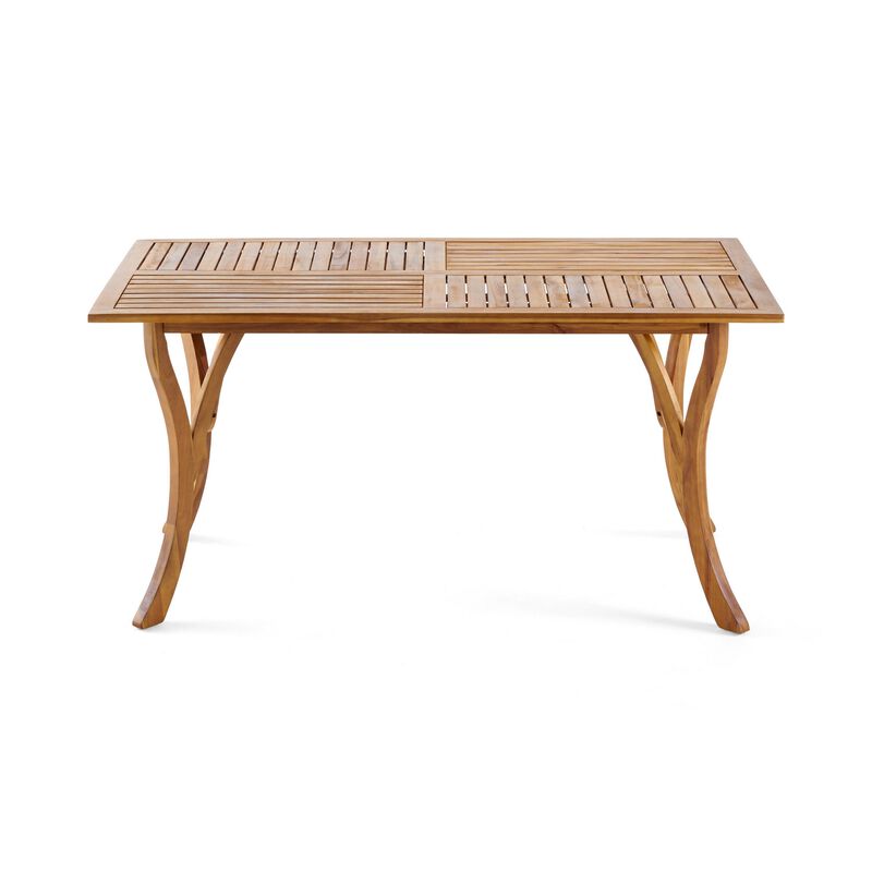 Olen Outdoor Dining Table, Slatted Rectangular 59 Inch, Brown Wood - Benzara