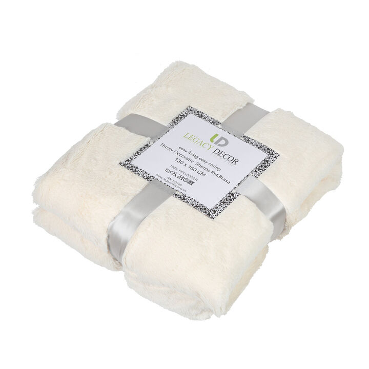Legacy Decor Luxurious Soft Velour Fleece Throw with Super Ultra Soft Faux Fur on Backside Blanket 49”x 73” White Color