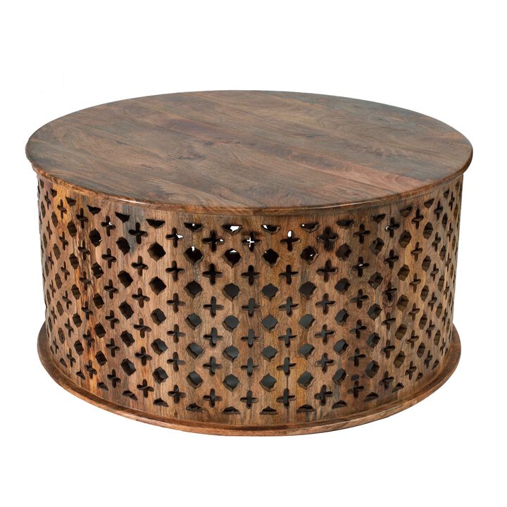 35, 34 Inch Coffee Table Set of 2, Mango Wood Lattice Design, Brown-Benzara