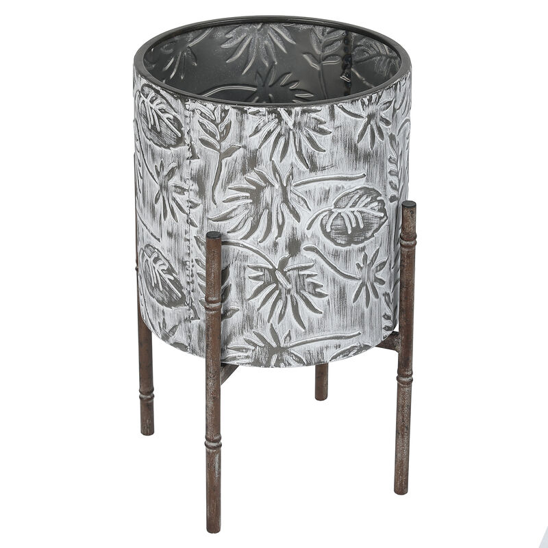 LuxenHome Set of 2 Coastal Distressed White and Gray Metal Cachepot Planters with Metal Stand