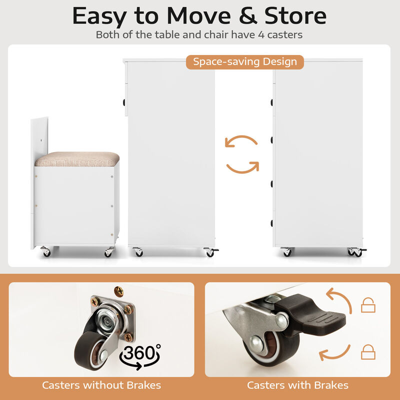 3-in-1 Vanity Set with Cushioned Stool and Flip-up Mirror