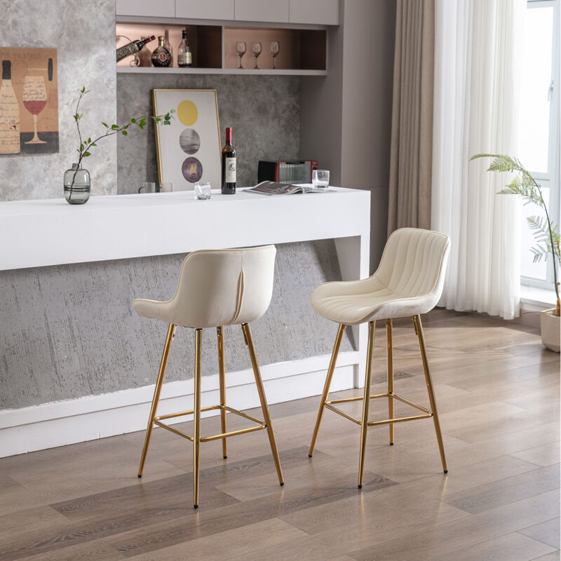 26 Inch Set of 2 Bar Stools, with Chrome Footrest Velvet Fabric Counter Stool Golden Leg Simple Bar Stool, CREAM