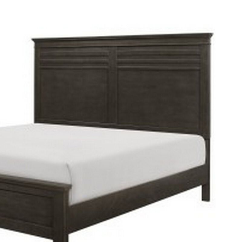 Candy Queen Bed, Farmhouse Embossed Accented Headboard, Charcoal Gray Wood - Benzara