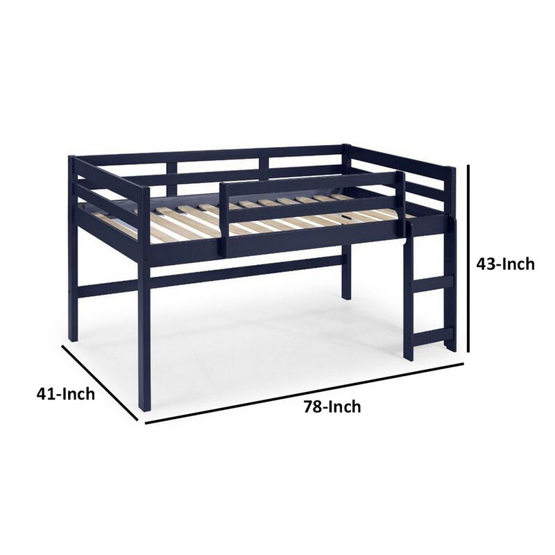 Twin Loft Bed with Wooden Frame and Reversible Ladder, Blue-Benzara
