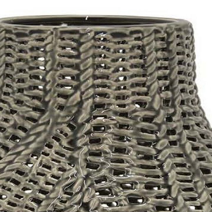 20 Inch Accent Vase with Mesh Like Design, Round, Gray Ceramic Finish - Benzara