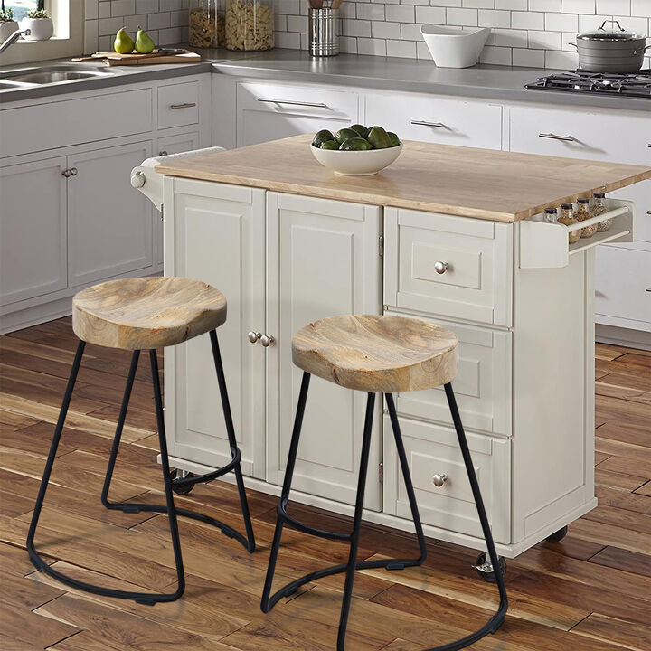 Ela 30 Inch Mango Wood Industrial Barstool, Saddle Seat, Iron Frame, Set of 2, Brown, Black-Benzara