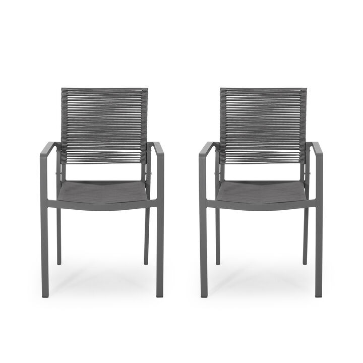 Teny Outdoor Dining Chair Set of 2, Open Back, Woven Rope, Dark Gray Metal - Benzara