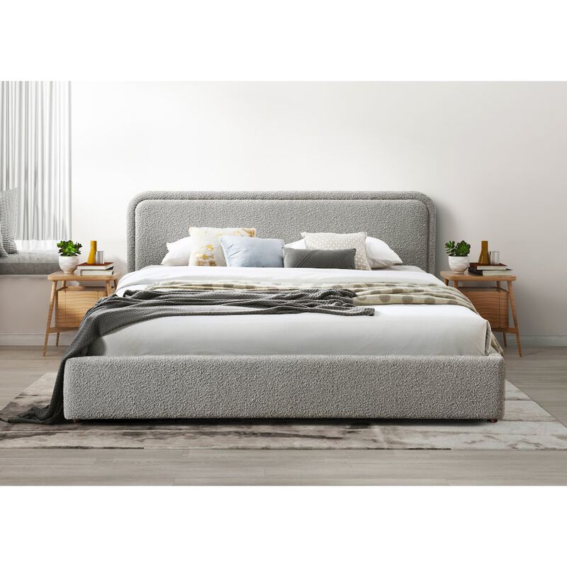 Omax Decor Chloe Upholstered Platform King Bed in Gray Boucle Fabric