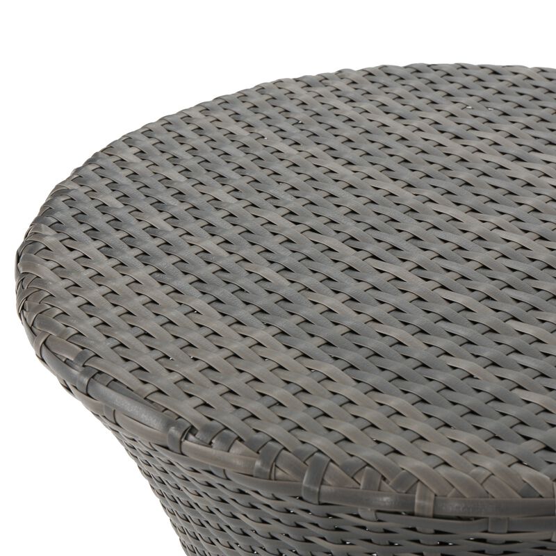 Loco Outdoor Side Table, Hourglass Shape, Round 20 Inch, Gray Rattan - Benzara