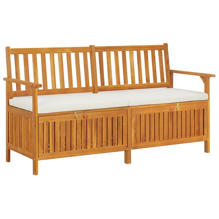 Outdoor Storage Bench, 58 Inch Brown Acacia Wood, Cream White Cushion - Benzara