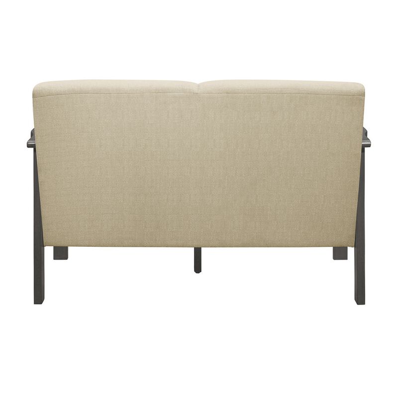 Wiston 50 Inch Loveseat, Beige Polyester, Dark Gray Solid Rubberwood - Benzara